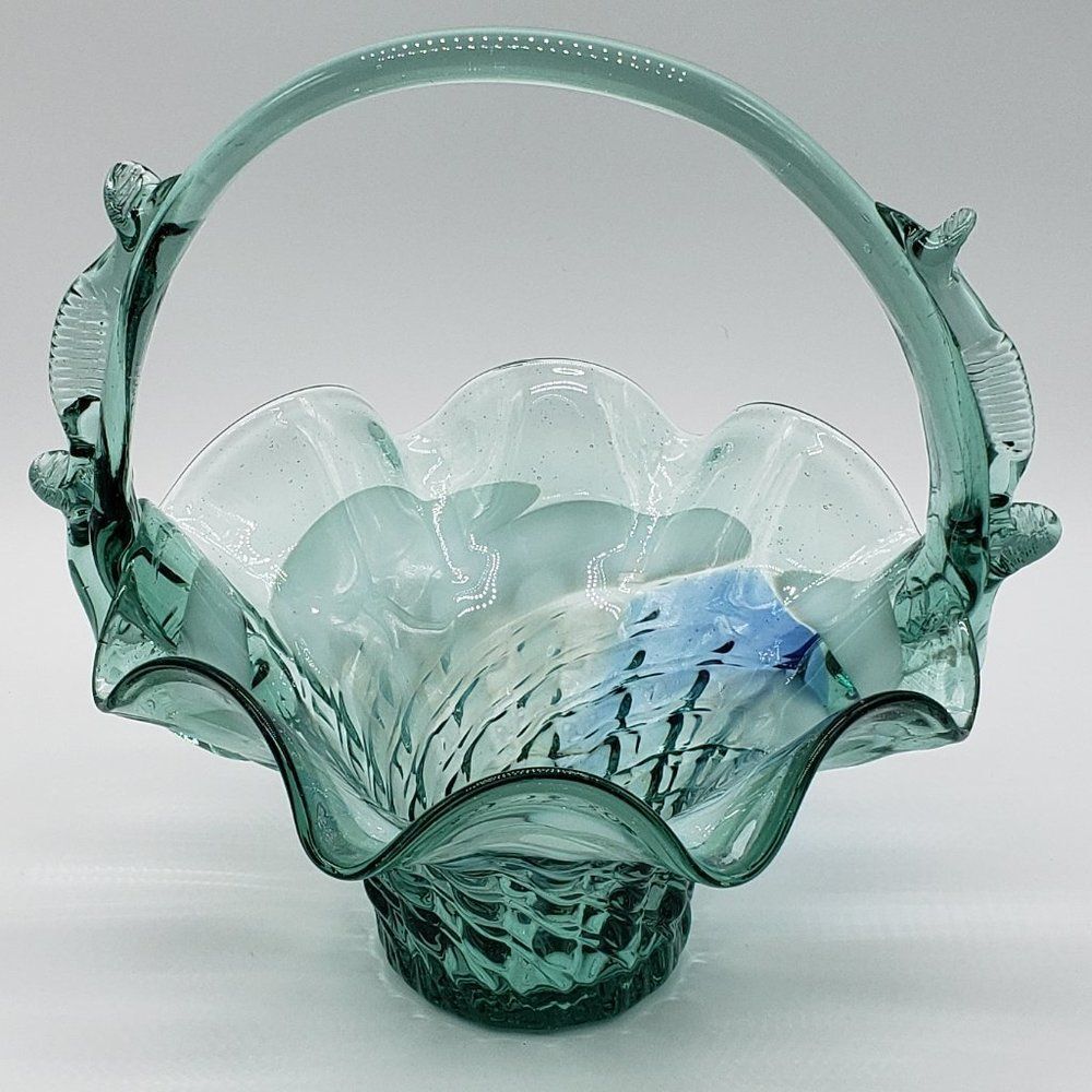 Teal White Blue Vintage Art Glass Ruffled Waffle Fruit Basket with Handle - Picture 14 of 15